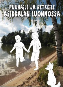 Kuvituskuva, jossa kaksi leikekuva-tyyppistä lasta juoksee hiekkarannalla ketun katsellessa heitä sivusta päin.