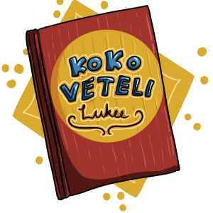 Koko Veteli lukee -hankkeen logo, kirja, jonka kannessa lukee Koko Veteli lukee