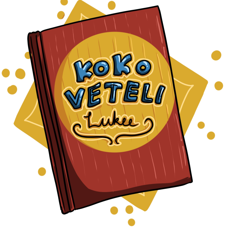 Koko Veteli lukee -hankkeen logo, kirja, jonka kannessa lukee Koko Veteli lukee